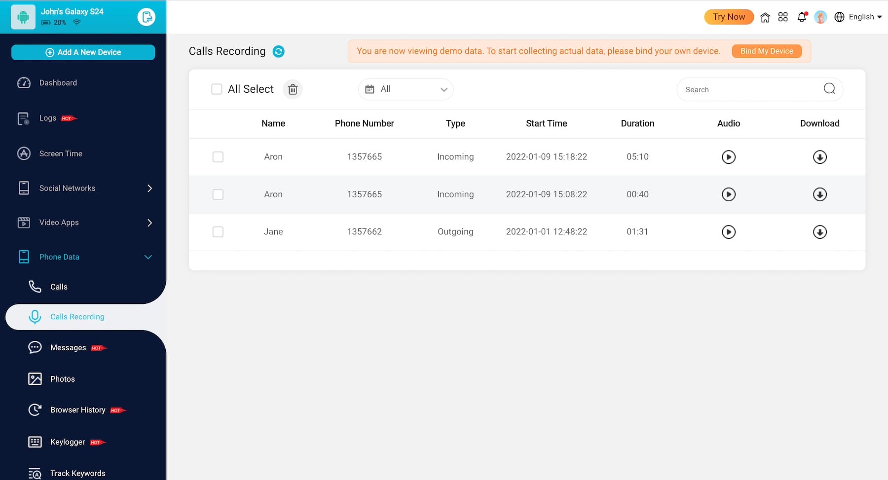 KidsGuard Pro Anrufaufzeichnungs-Ansicht mit Wiedergabe-Buttons