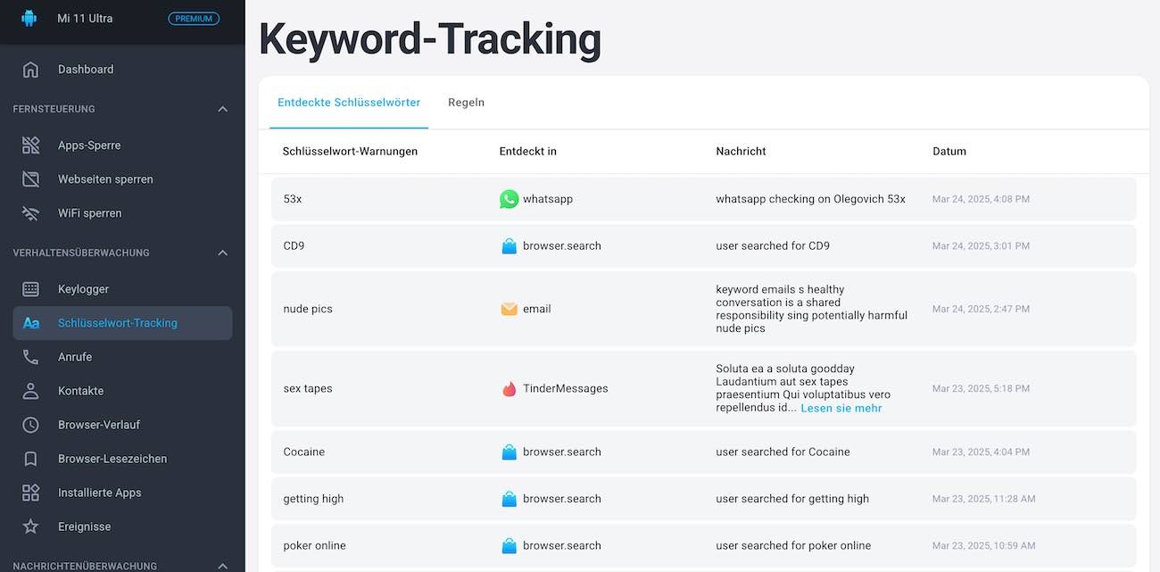 EyeZy Keyword-Tracking-Ansicht mit eingetragenen Wörtern und ausgelösten Treffern