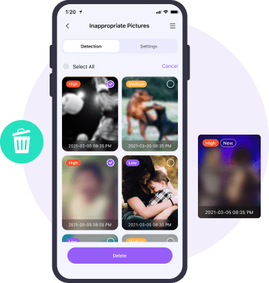 FamiSafe Fotos-Ansicht — von der App als verdächtig markierte Bilder im Eltern-Dashboard