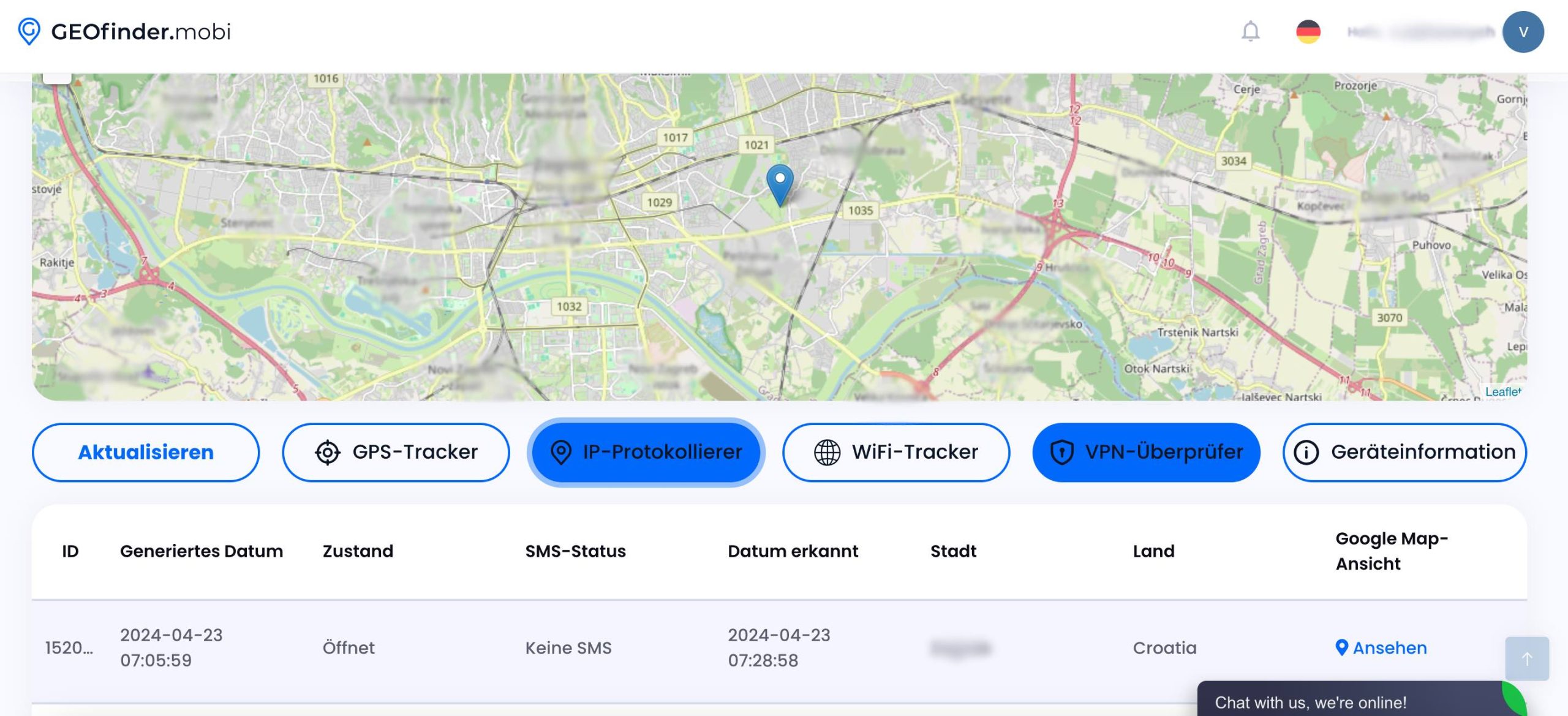 GEOfinder-Dashboard mit Standortverlauf: Zeitstempel und Google-Maps-Link — so aktuell wie der letzte Klick.