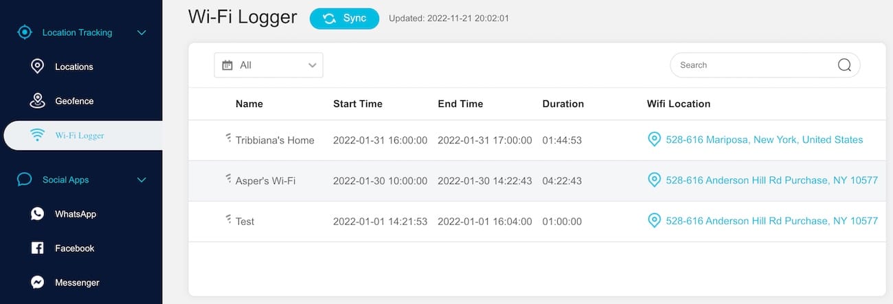 Wi-Fi-basierte Standort-Historie im Wondershare-Dashboard mit Zeitstempel und Kartenposition