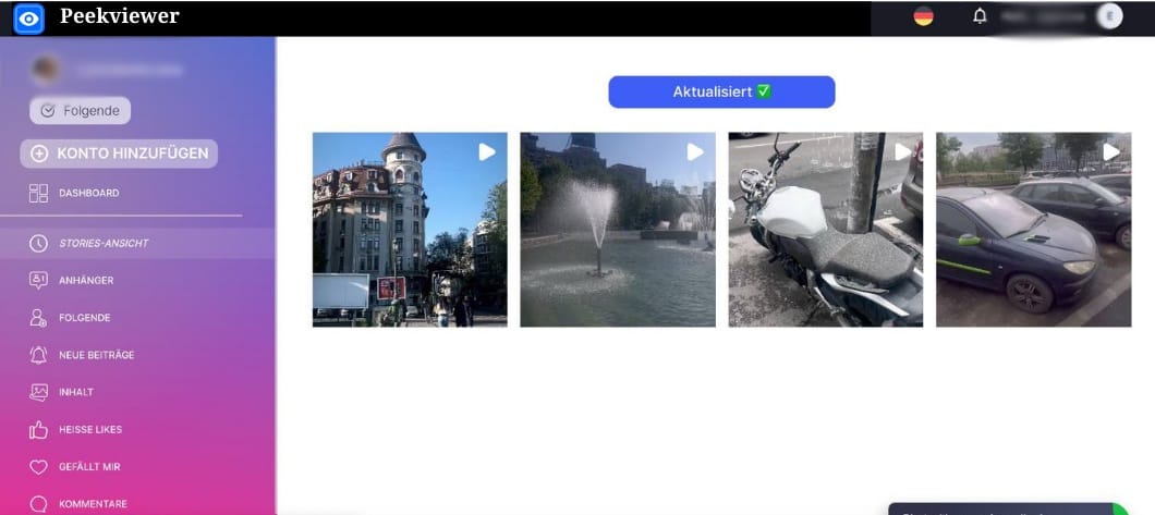 Peekviewer Instagram-Story-Viewer im Dashboard mit Timeline und Download-Optionen