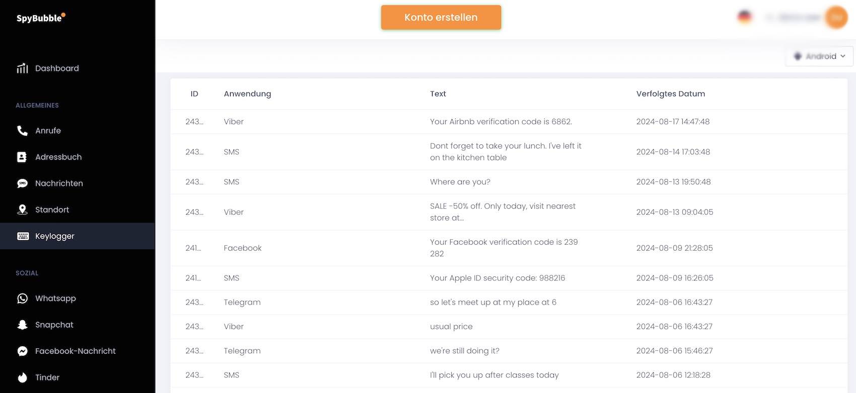 Spybubble Keylogger-Ansicht mit Tastatureingaben pro App