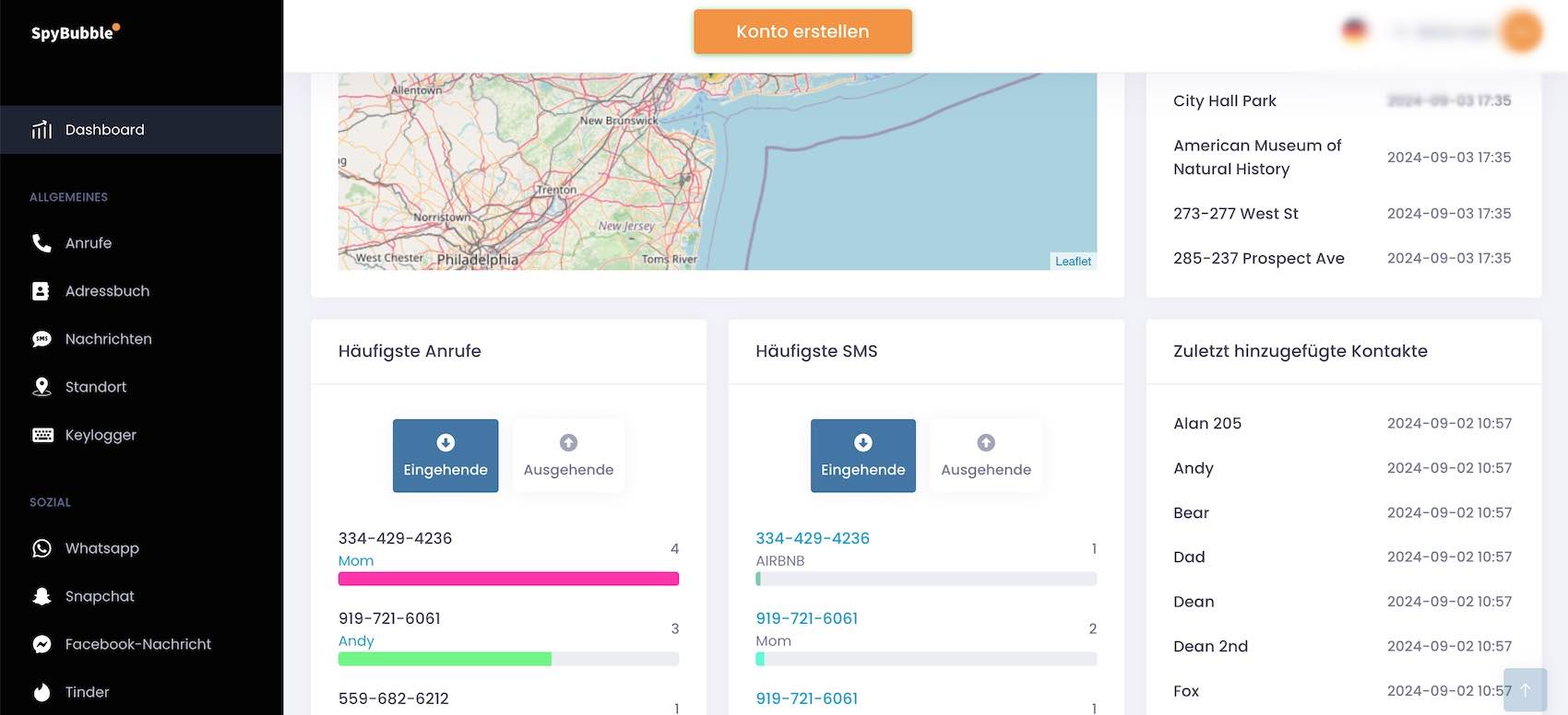 Spybubble Dashboard mit Übersicht der überwachten Geräte-Aktivitäten