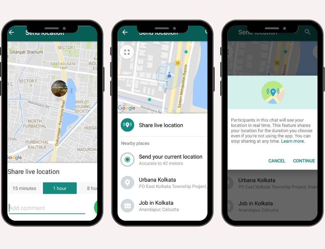 Screenshot: WhatsApp Live-Standort teilen — Dauer wählen (15 Min., 1 Std., 8 Std.); die Freigabe ist einseitig und läuft nach Ablauf der gewählten Dauer automatisch aus
