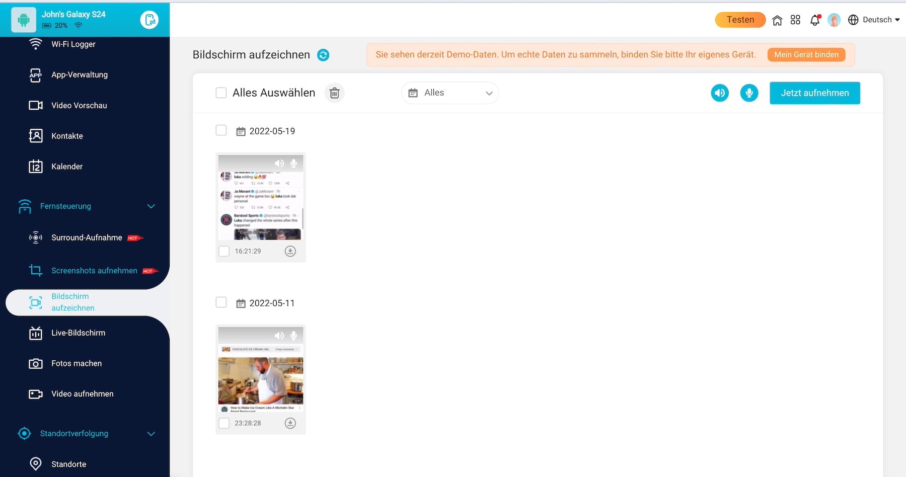 KidsGuard Pro Bildschirmaufnahme-Ansicht mit MP4-Wiedergabe im Dashboard