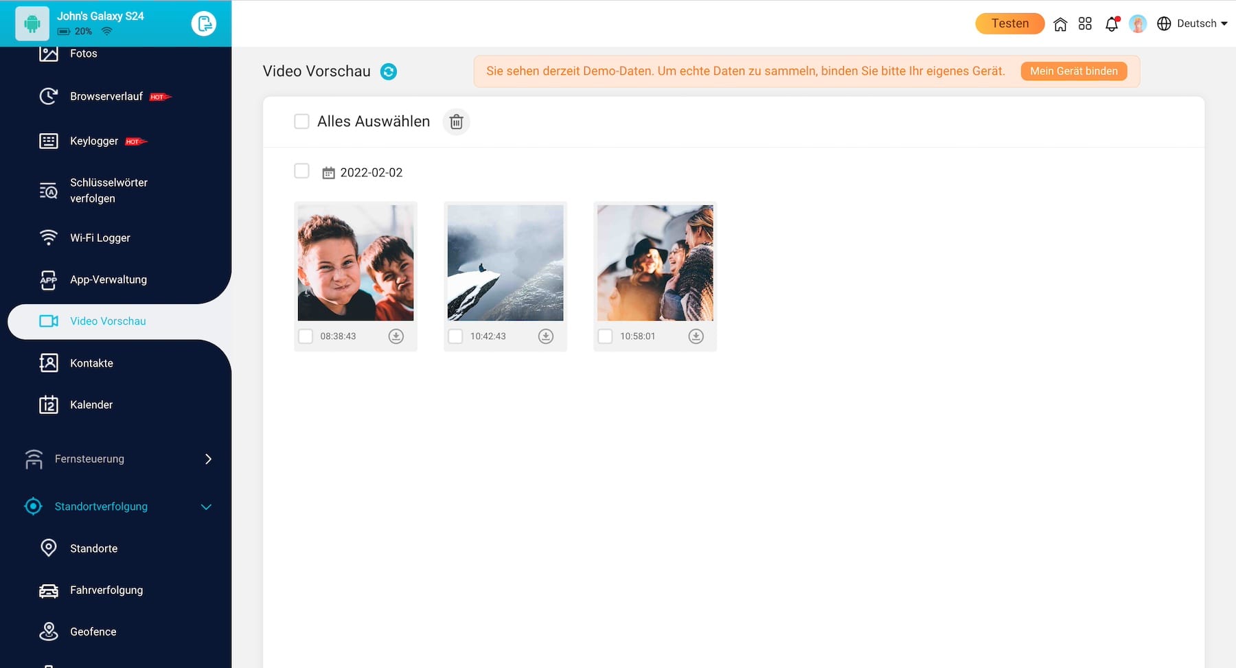 KidsGuard Pro Video-Vorschau im Dashboard mit Thumbnail und Zeitstempel