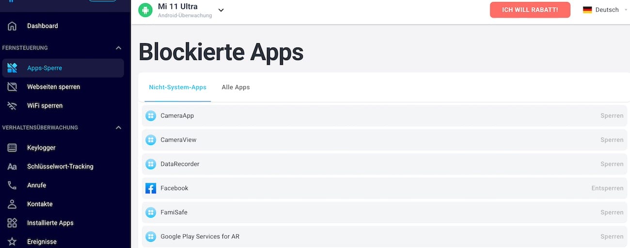 EyeZy App-Blockierungs-Ansicht mit Verbindungssperre