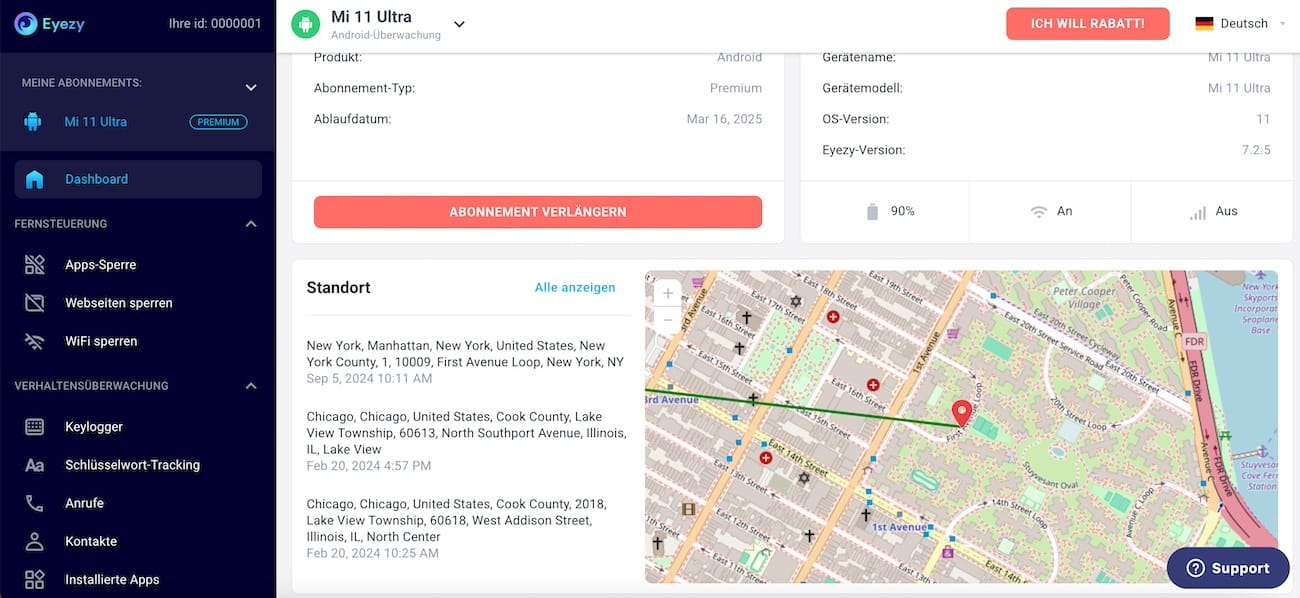 EyeZy Dashboard mit KI-Warnung zu einem auffälligen Chat