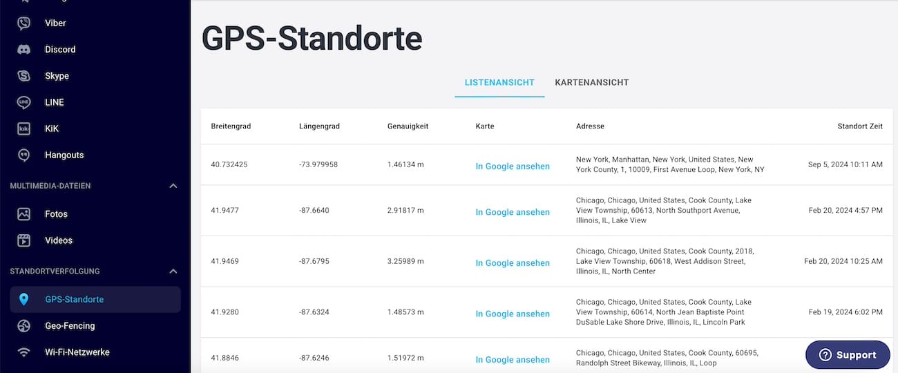 EyeZy Standort-Historie mit Zeitstempeln