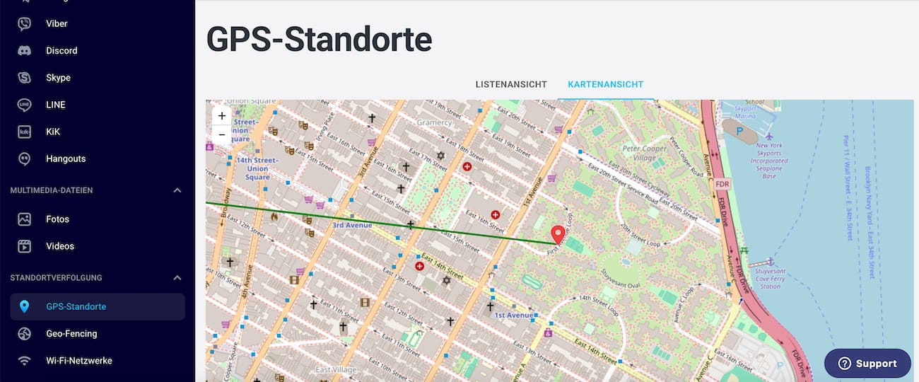 EyeZy Kartenansicht mit Live-Standort und Verlauf