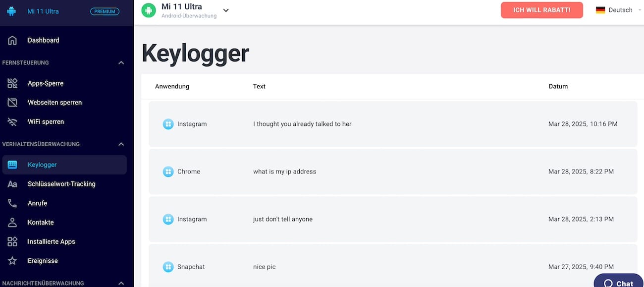 EyeZy Keylogger-Ansicht mit Tastatureingaben pro App