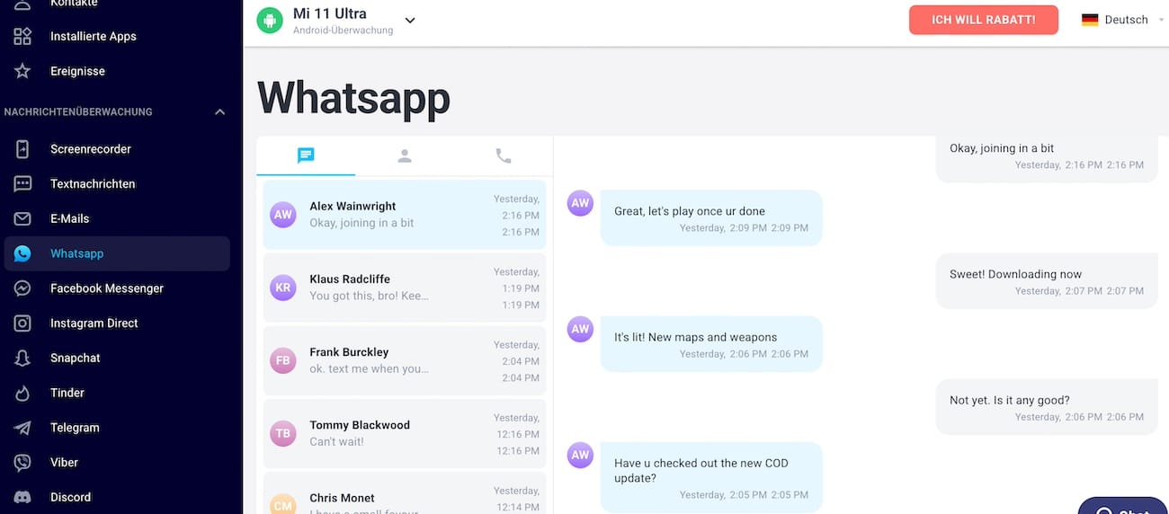 Eyezy: WhatsApp-Chats im aufgeräumten Dashboard — deutsche Übersetzung vollständig.