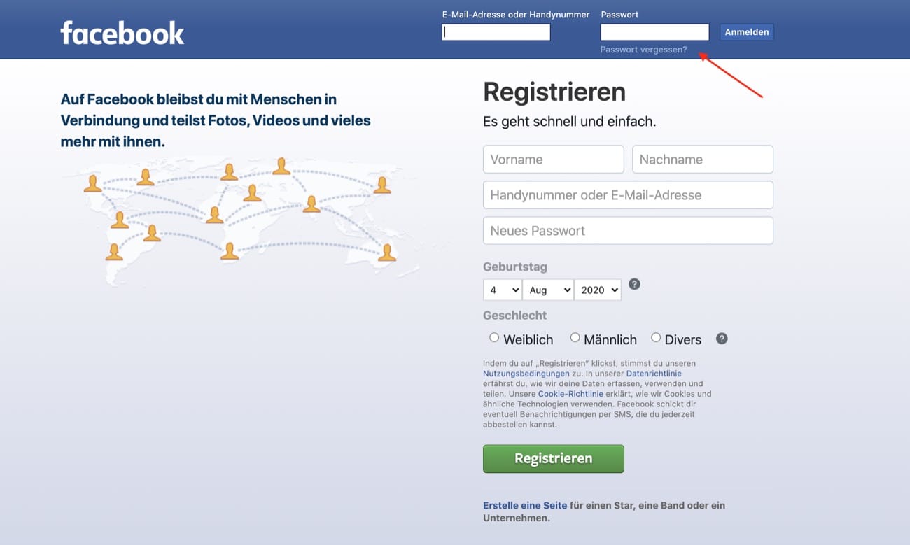 Screenshot der Facebook-Passwort-Zurücksetzen-Seite