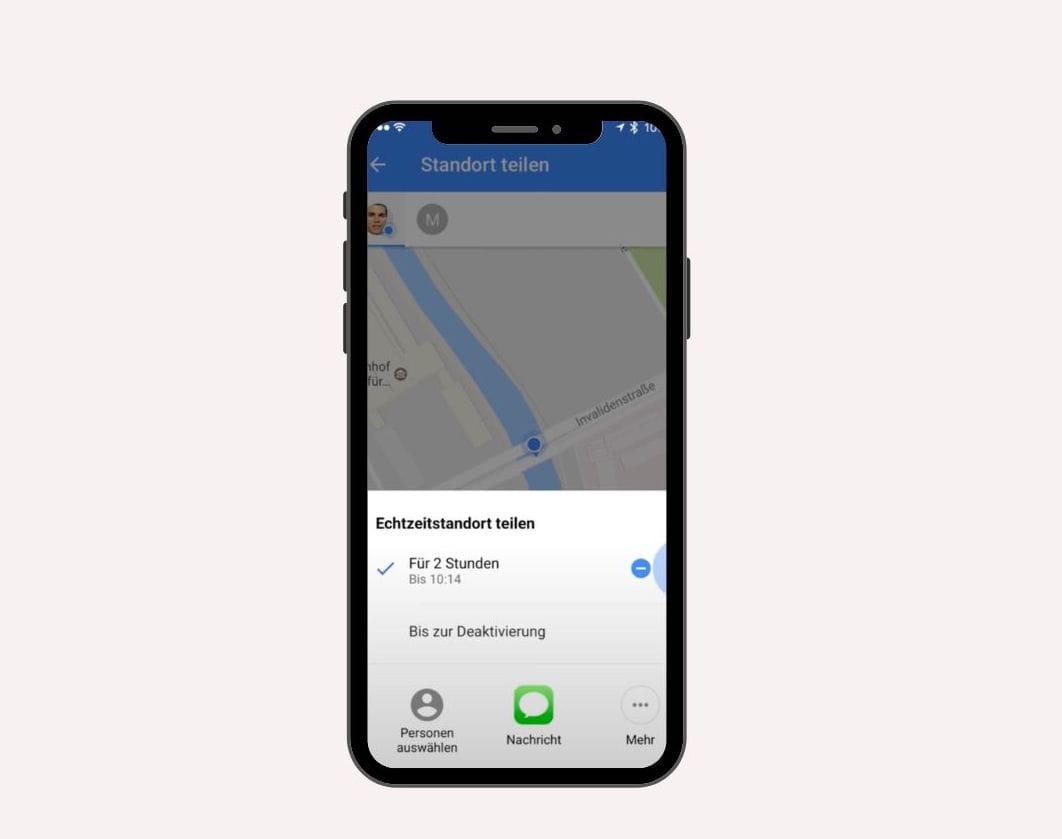 Google Maps Standortfreigabe: Kontakt und Dauer wählen — die Zielperson sieht die Freigabe explizit und kann sie jederzeit beenden