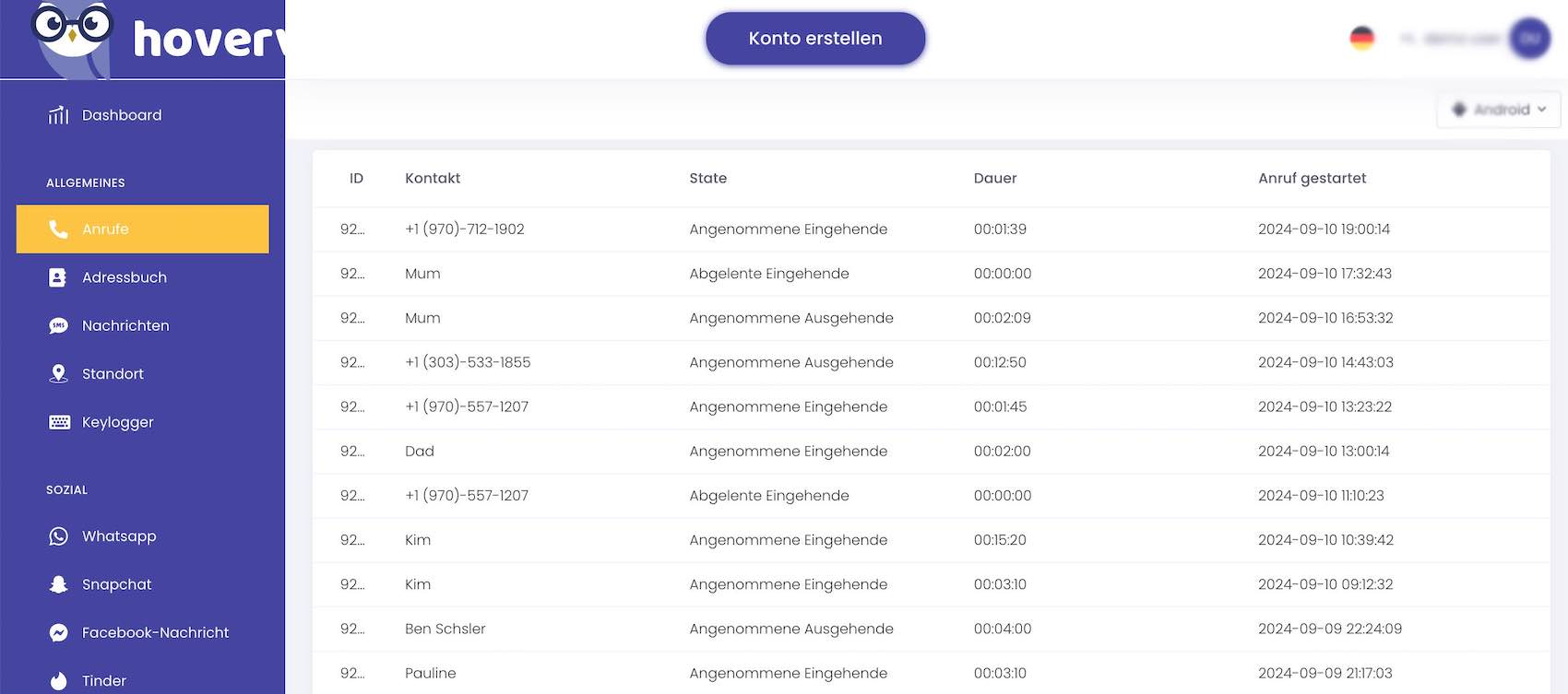 Hoverwatch Anrufaufzeichnung im Dashboard mit chronologischer Liste ein- und ausgehender Gespräche