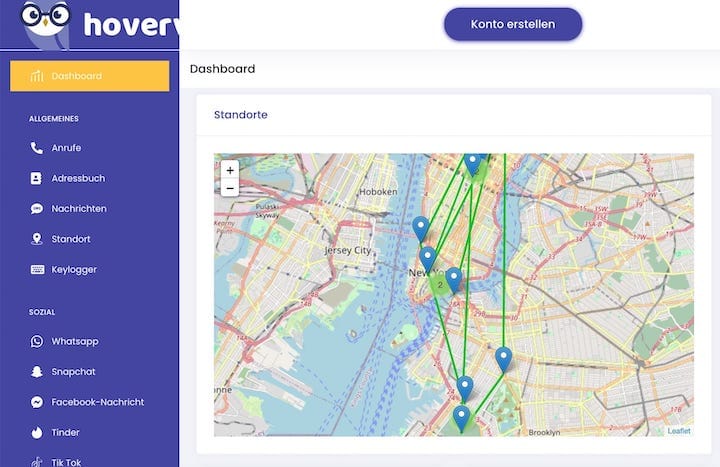 Hoverwatch Handy-Ortungs-Karte mit aktuellem Standort und Historie