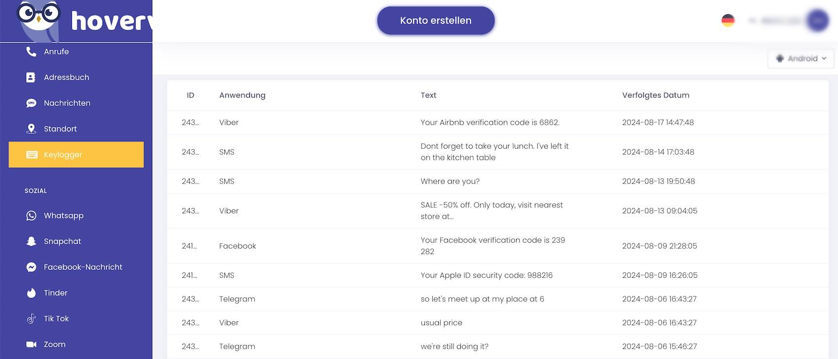 Hoverwatch Keylogger-Ansicht mit chronologischer Liste der erfassten Tastatureingaben