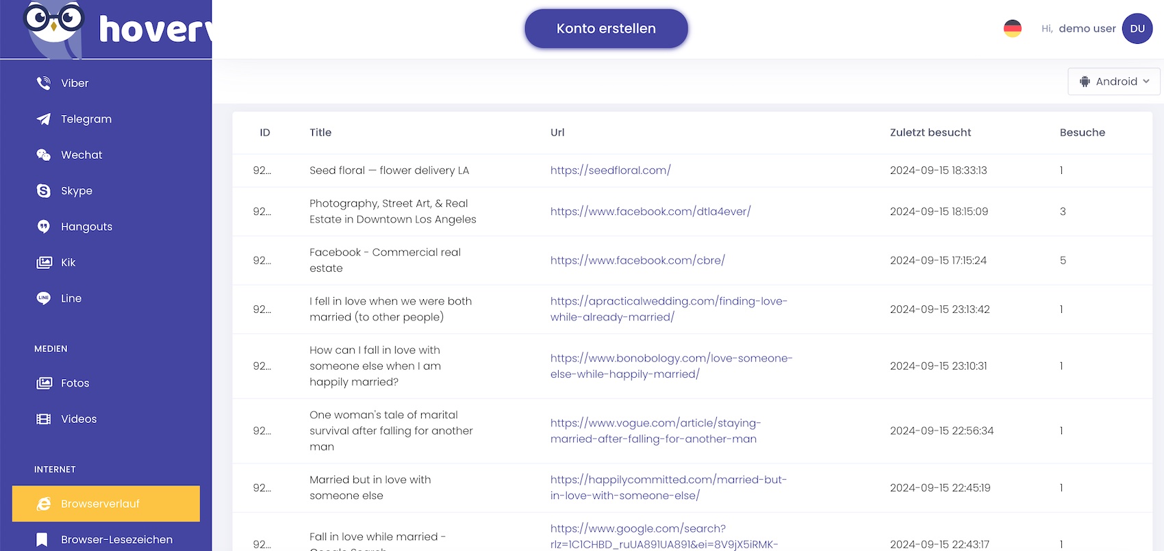 Hoverwatch Web-Verlaufs-Ansicht mit URLs und Besuchshäufigkeit