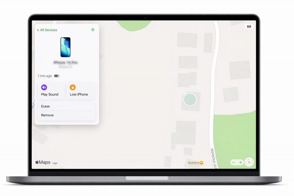 Screenshot der Apple Wo ist?-Weboberfläche auf iCloud.com mit Geräteliste und Karten-Position