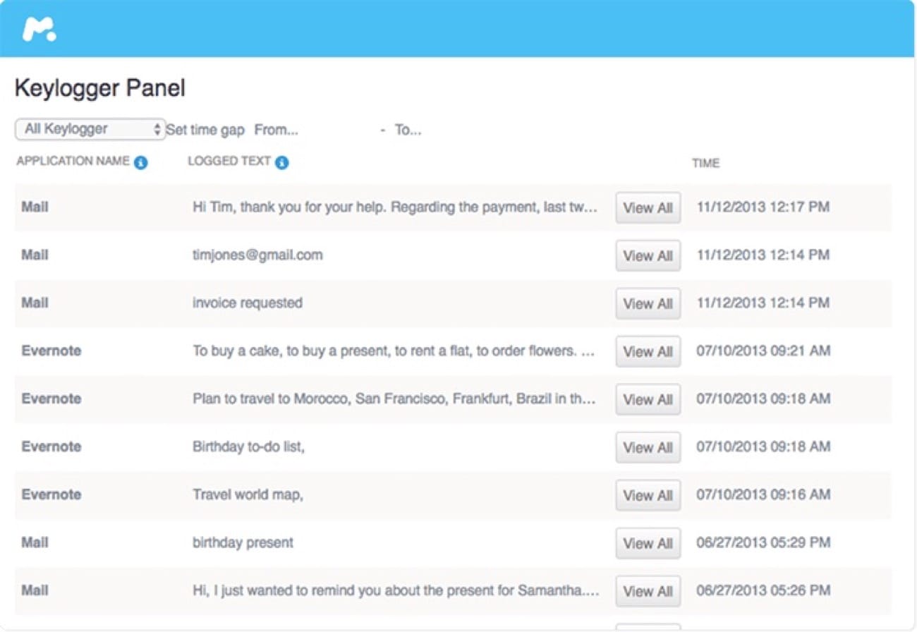 mSpy Keylogger-Ansicht mit erfassten Eingaben pro App