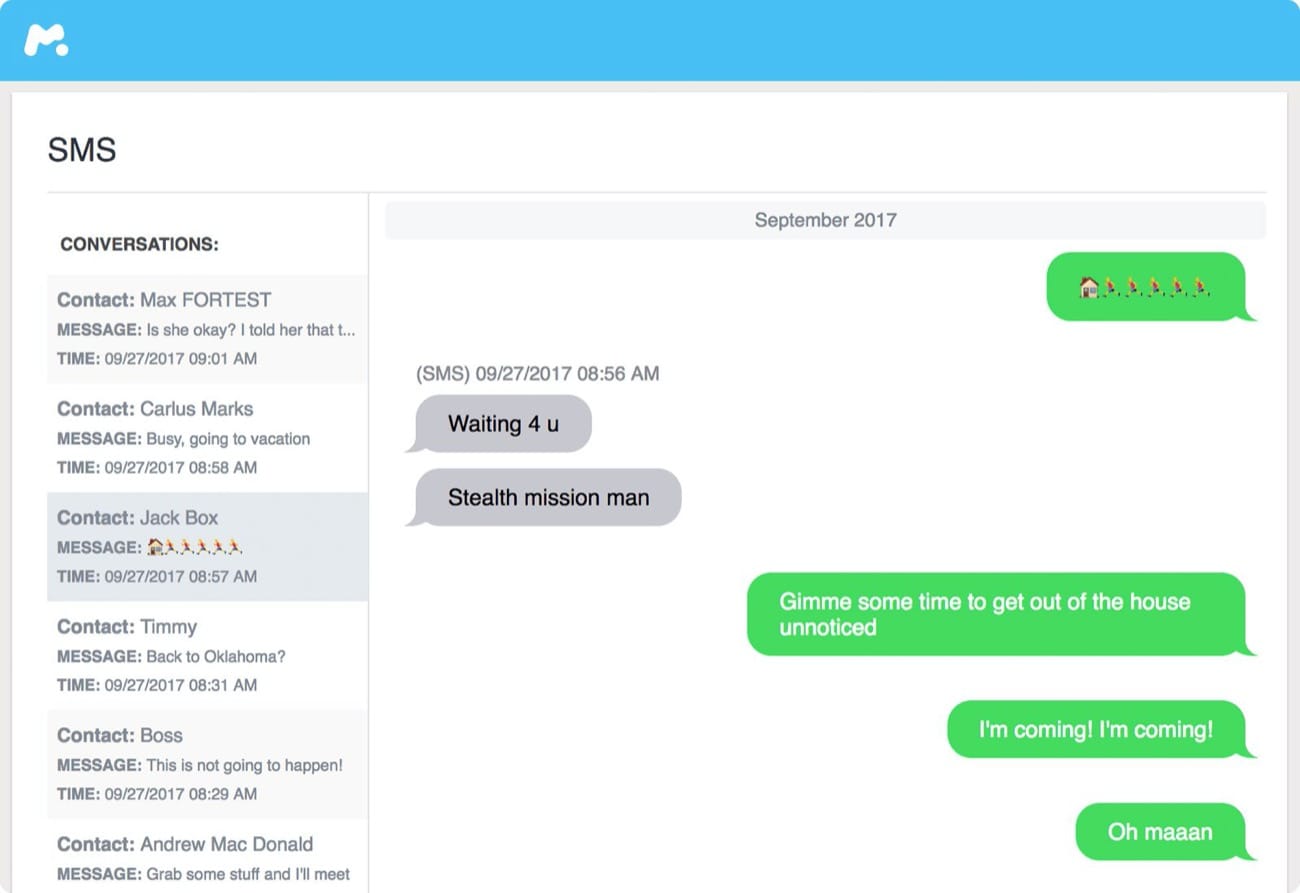 mSpy SMS-Ansicht mit Volltext und Zeitstempel