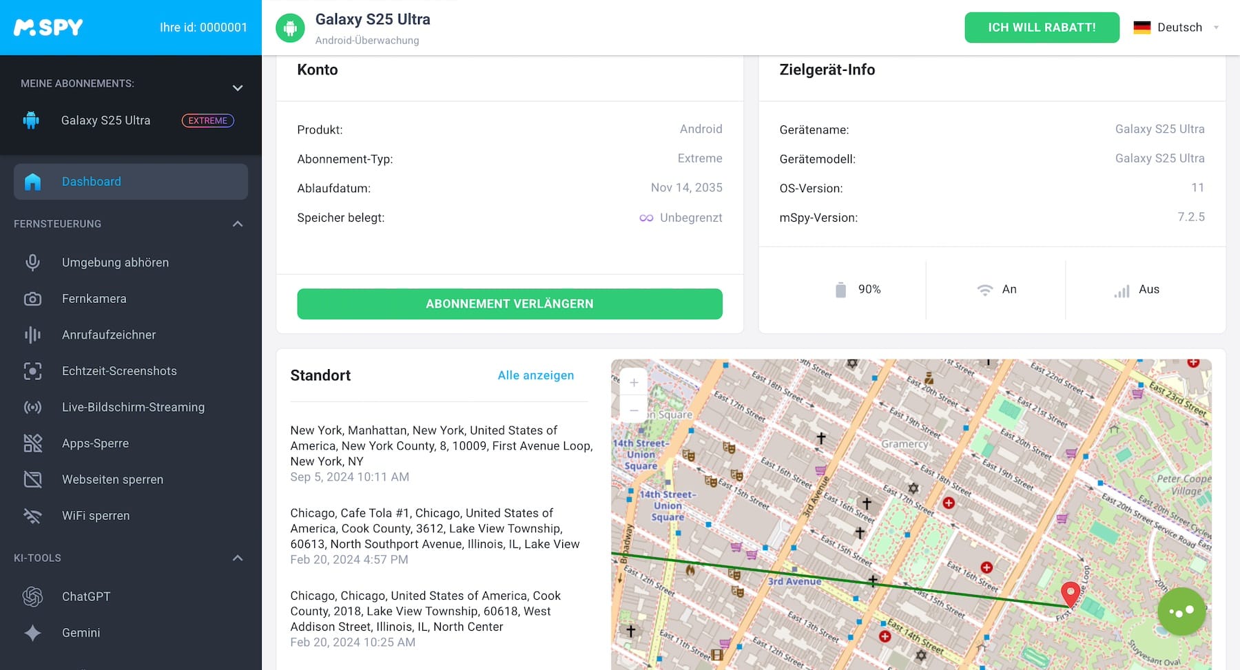 mSpy Control Panel für Android — Dashboard-Übersicht mit synchronisierten Geräteaktivitäten