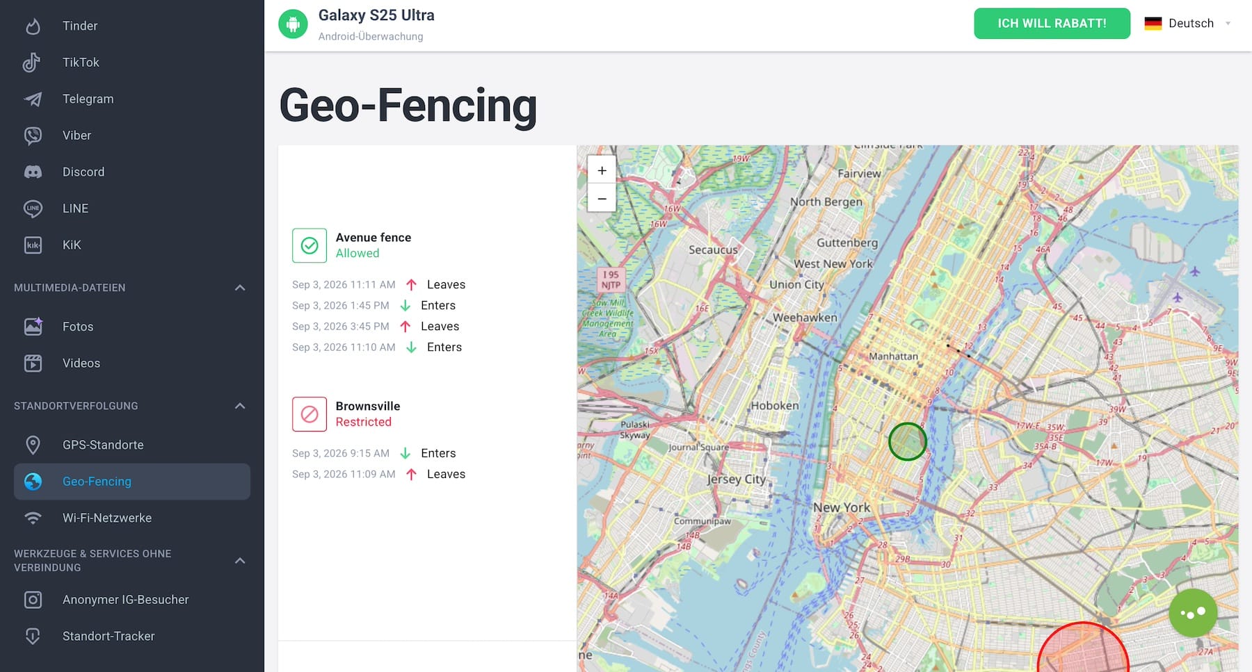 mSpy Android Geofencing — definierte Zonen mit Betreten/Verlassen-Alarm