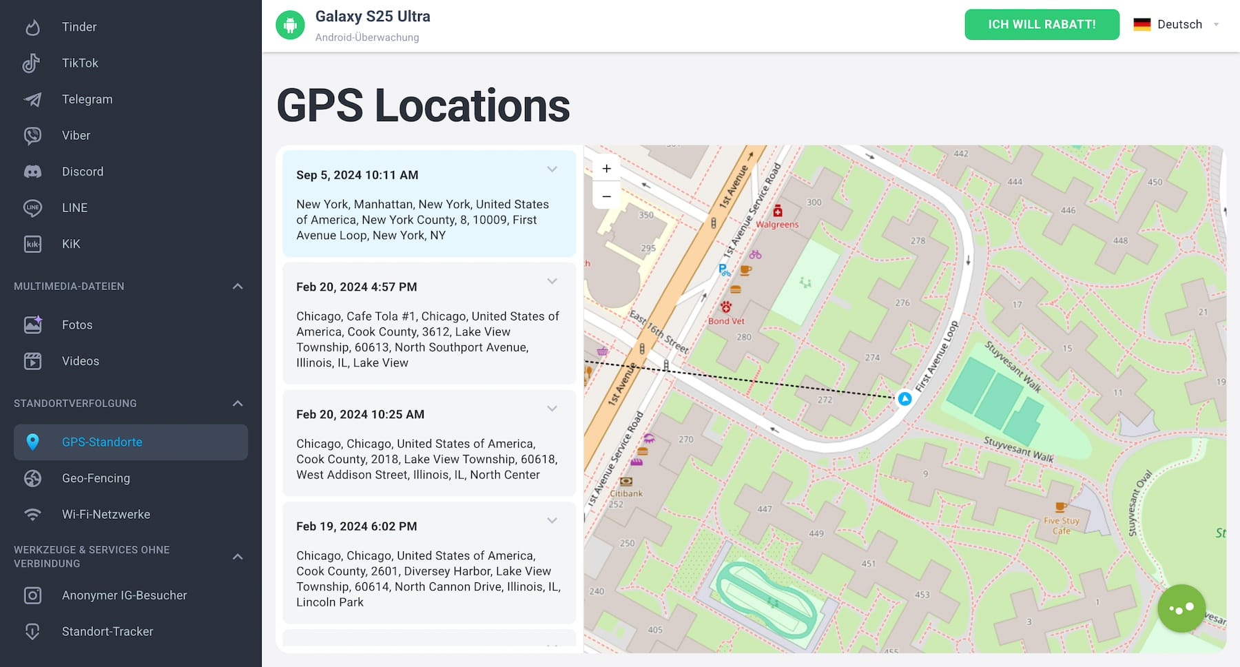 mSpy Android GPS-Handyortung — aktuelle Position auf einer Karte