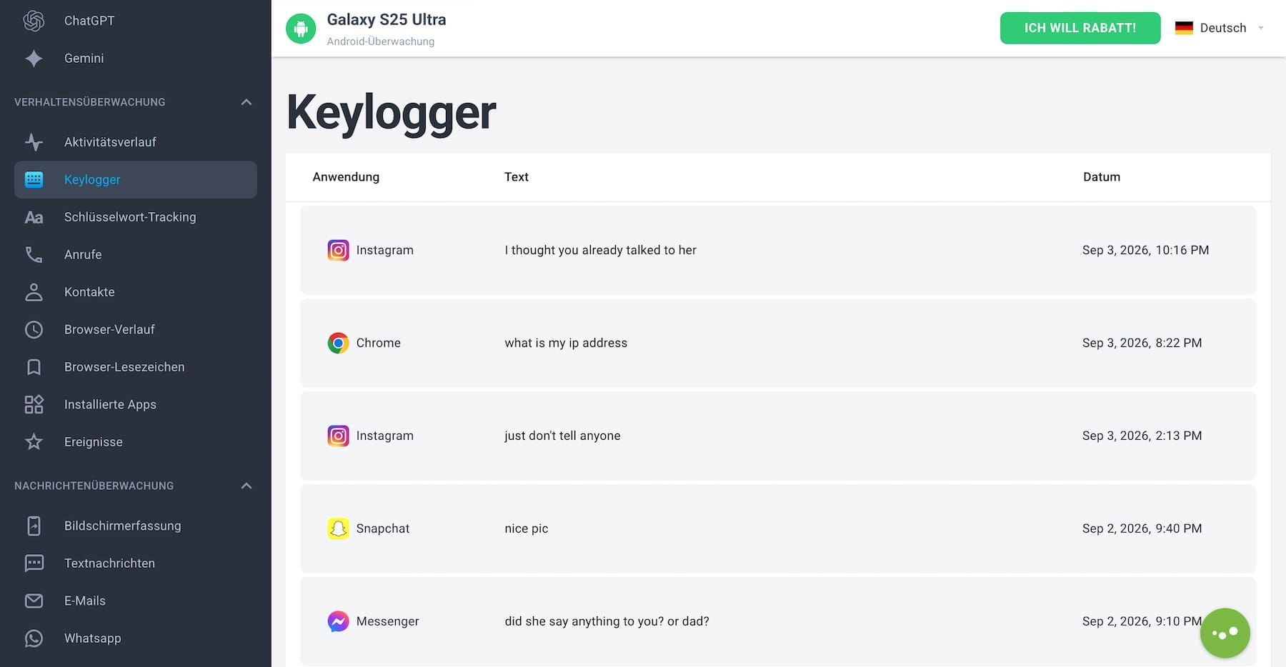 mSpy Android Keylogger — aufgezeichnete Tastatur­eingaben im Control Panel