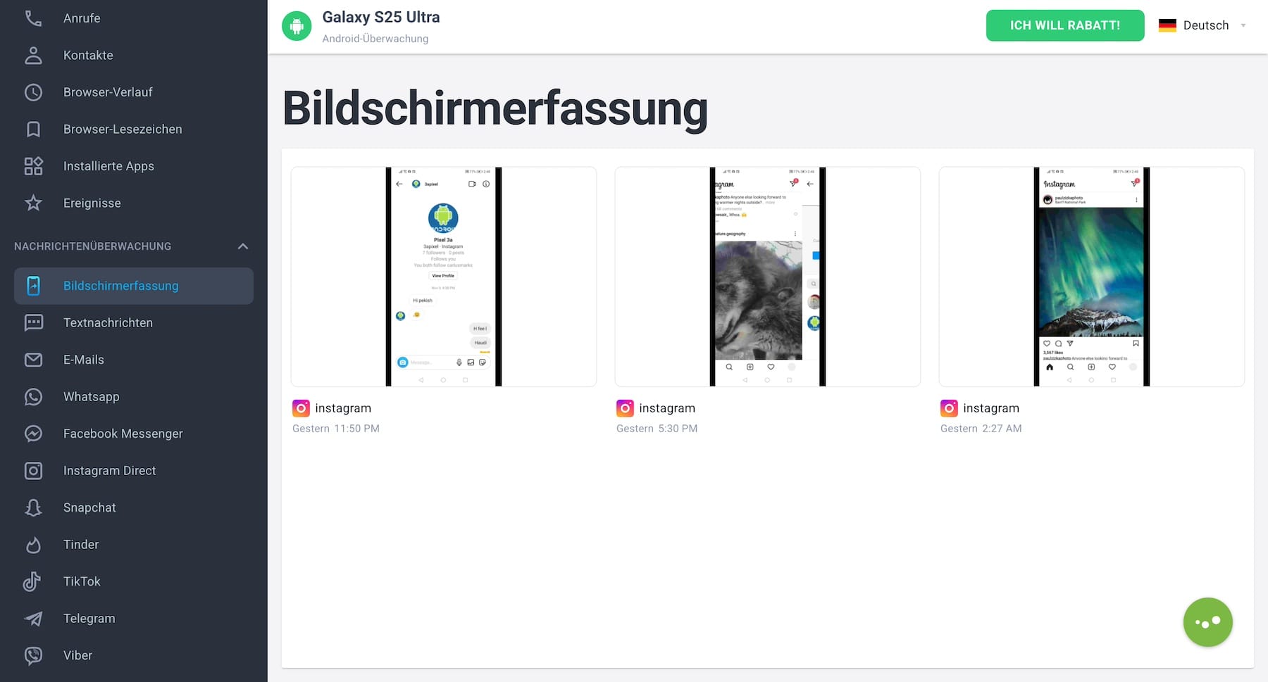 mSpy Android Screenrecorder-Ansicht mit Bildschirm­aufnahmen im Control Panel