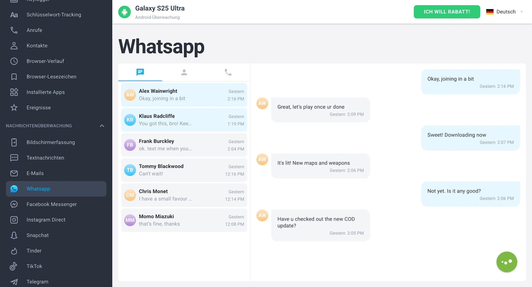 mSpy Android WhatsApp-Monitoring im Control Panel mit Chatverlauf