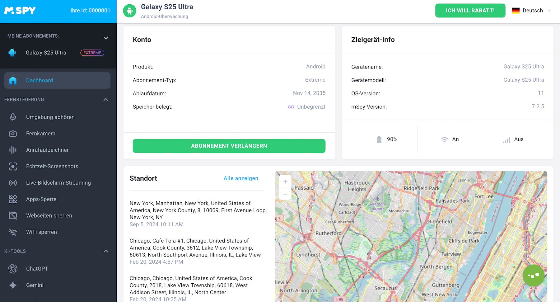mSpy Control Panel — Dashboard-Übersicht mit Geräteaktivitäten, Standort, Messenger-Bereichen
