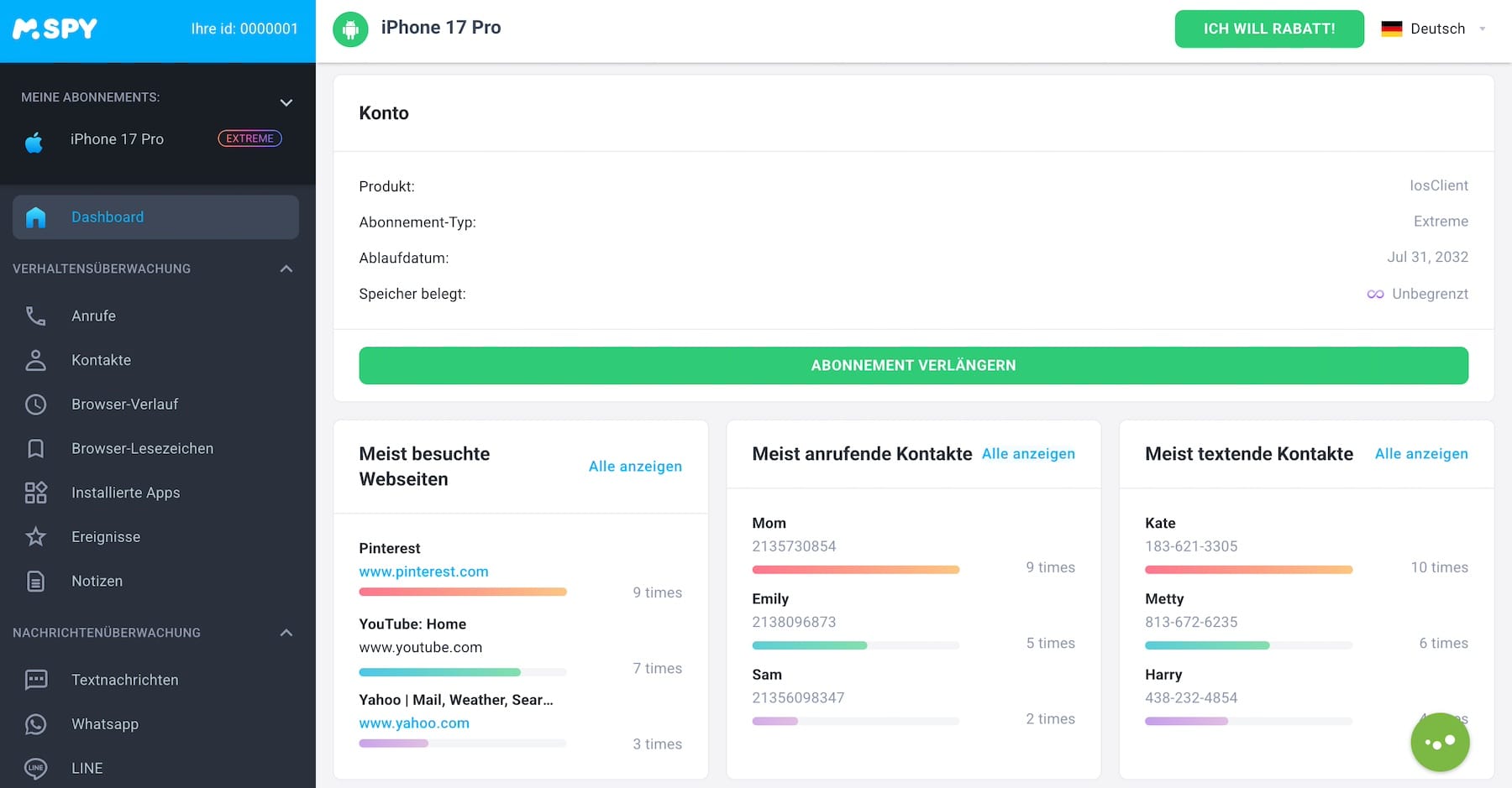 mSpy Control Panel für iPhone — Dashboard-Übersicht mit iOS-spezifischen Kategorien