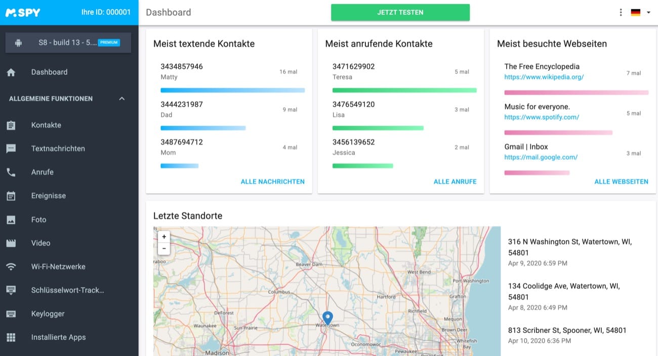 mSpy Funktionen und Dashboard