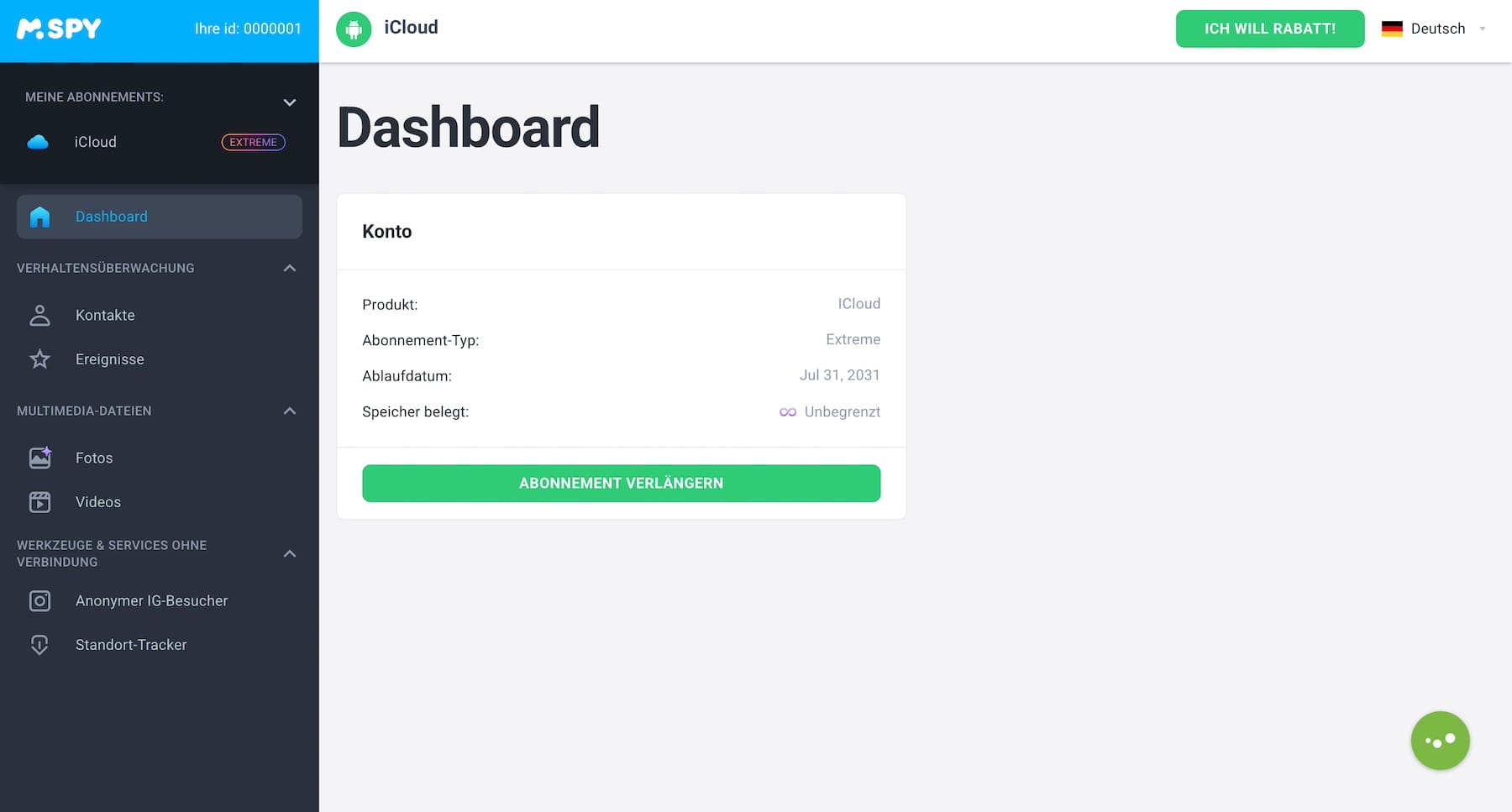 mSpy Dashboard für die iCloud-Synchronisierung mit sichtbaren iCloud-Datenkategorien