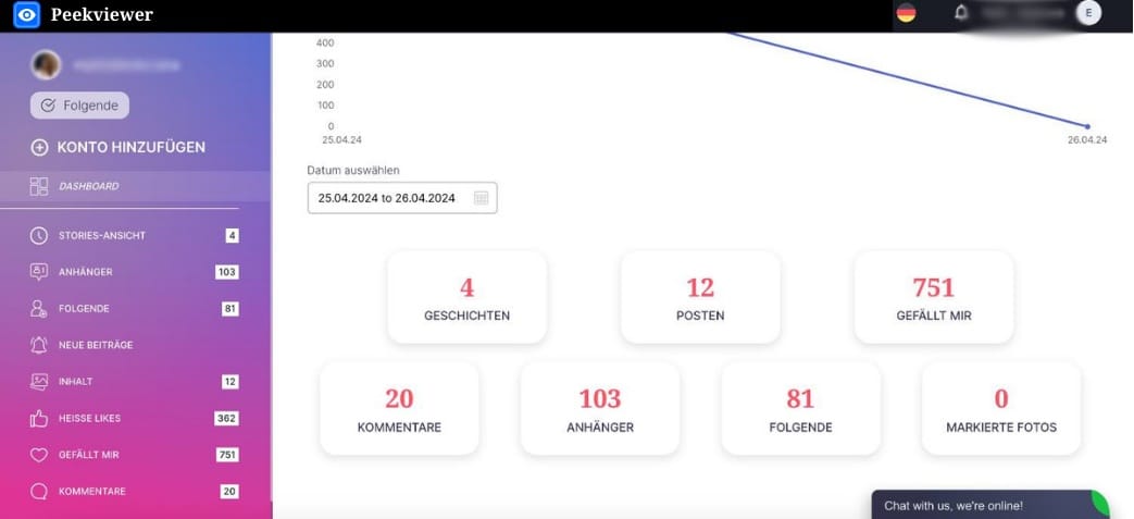 Peekviewer Dashboard mit Instagram-Konto-Ansicht, Story-Timeline und Foto-Gitter