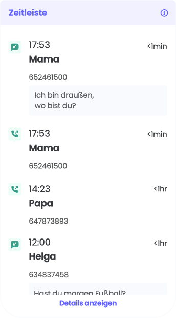 Qustodio Anruf- und SMS-Übersicht mit Kontakt, Dauer und Häufigkeit