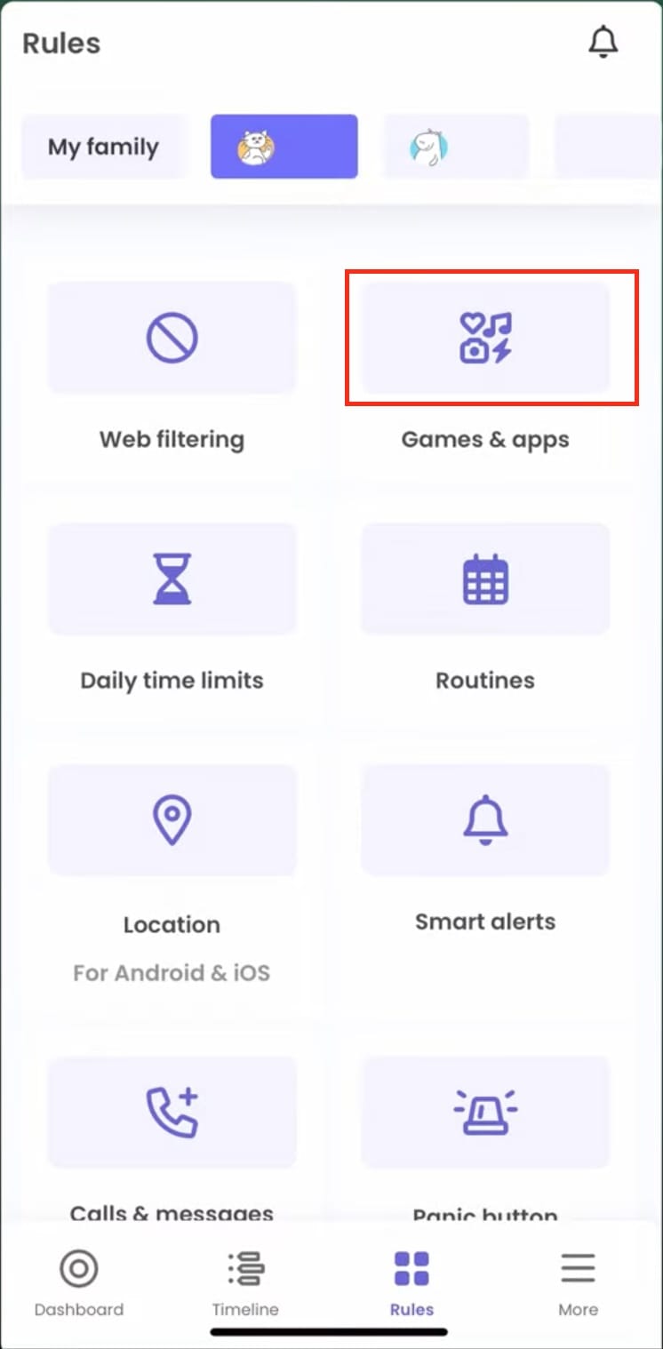Qustodio Spiele- und App-Regelset mit Zeit- und Blockregeln