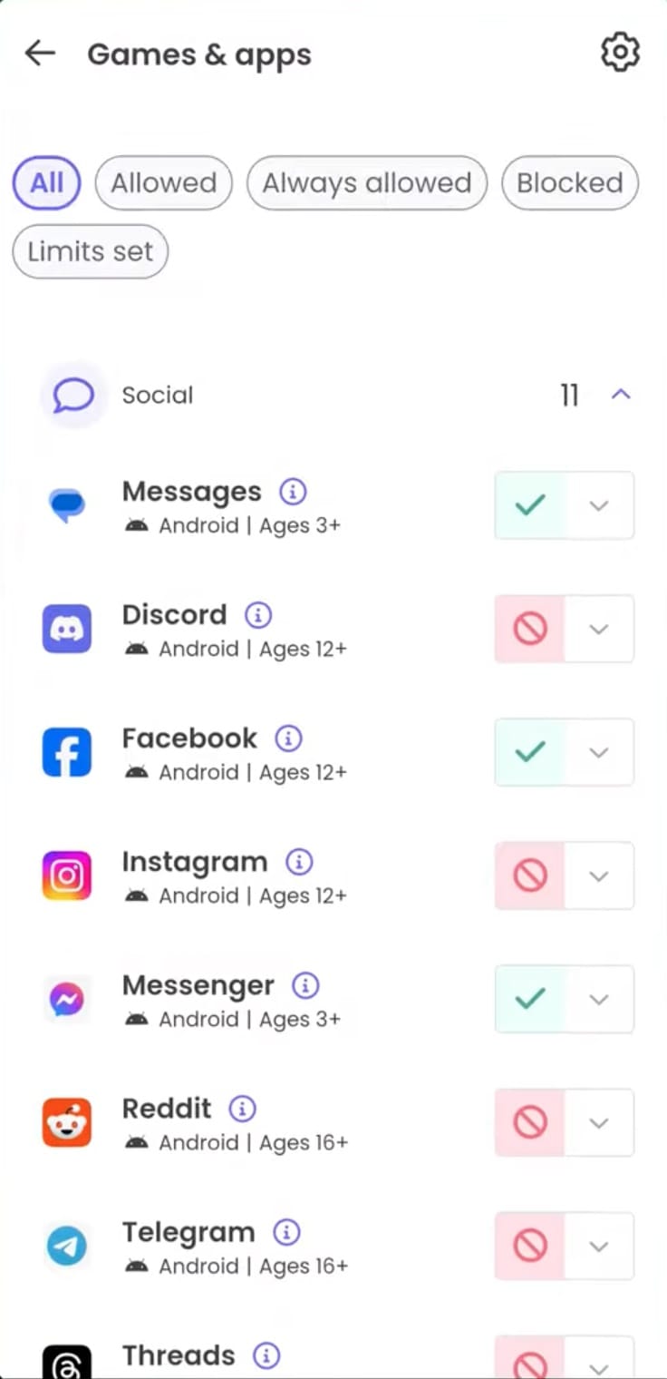 Qustodio Spiele- und App-Übersicht