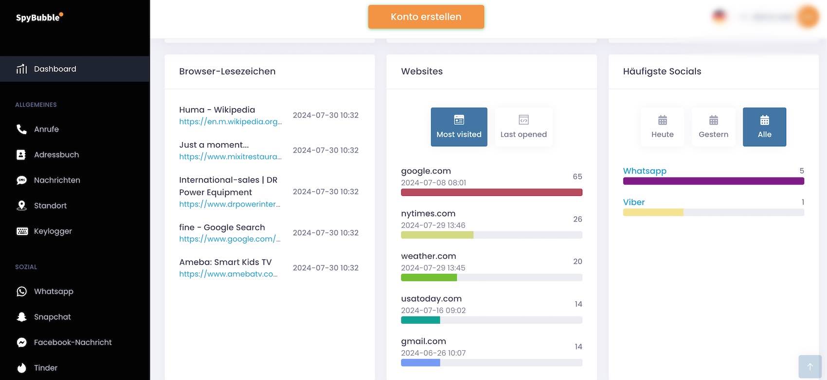 Spybubble Geräteüberwachung mit App-Nutzungs-Statistiken