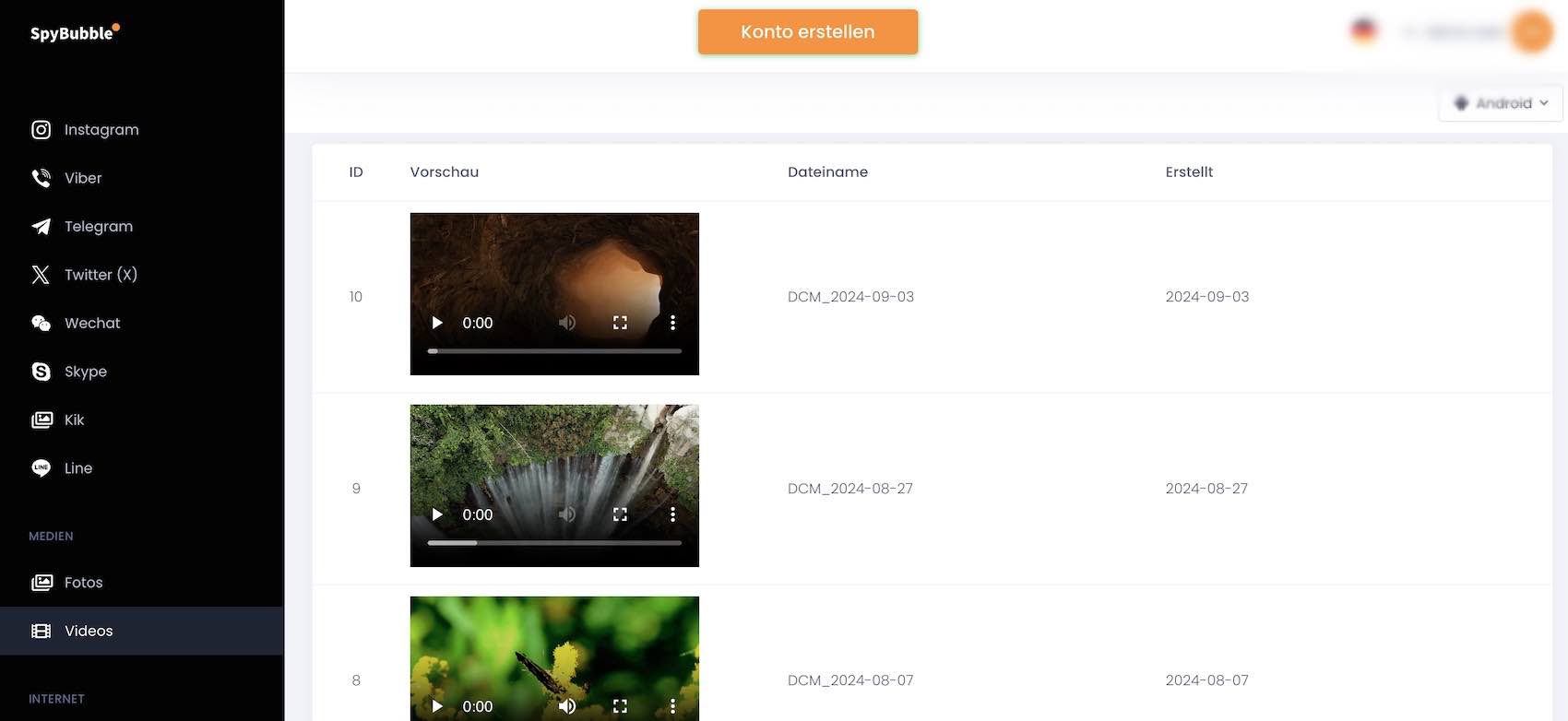 Spybubble Video-Ansicht mit Vorschau-Thumbnails und Zeitstempel