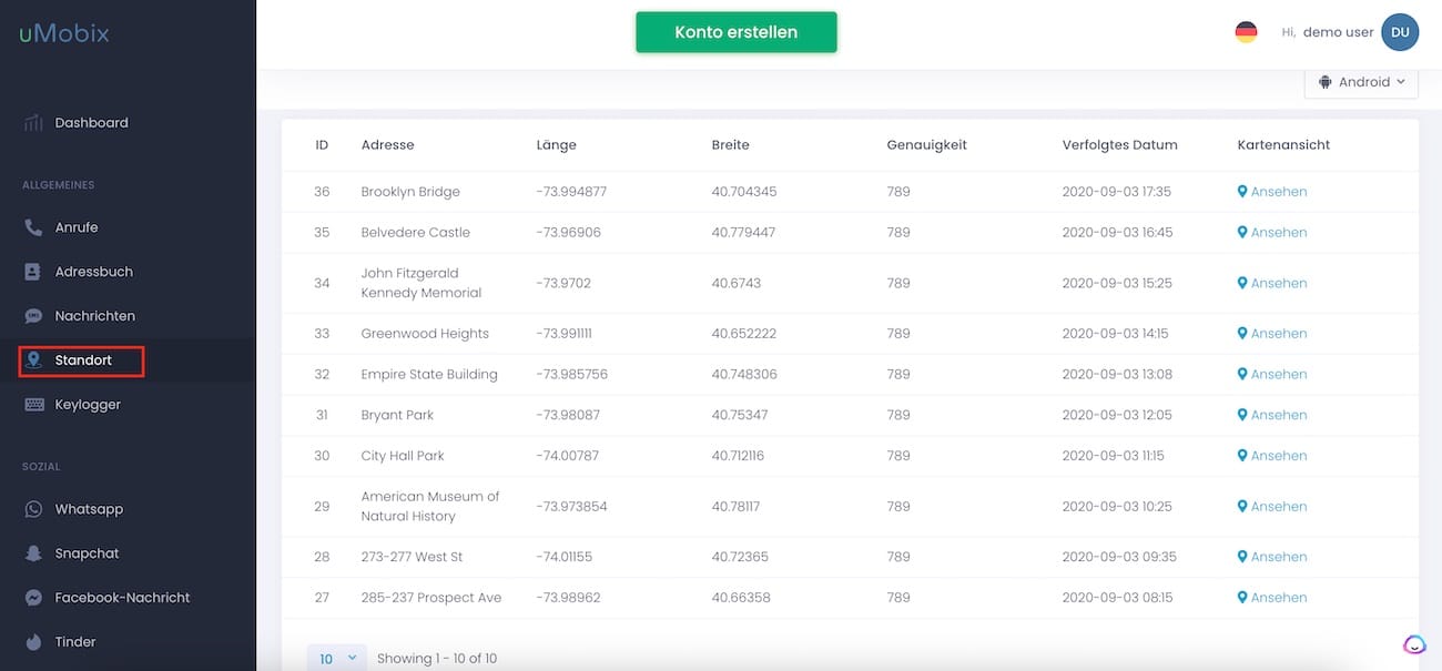 uMobix Karten-Dashboard mit Live-Standort und Bewegungsverlauf
