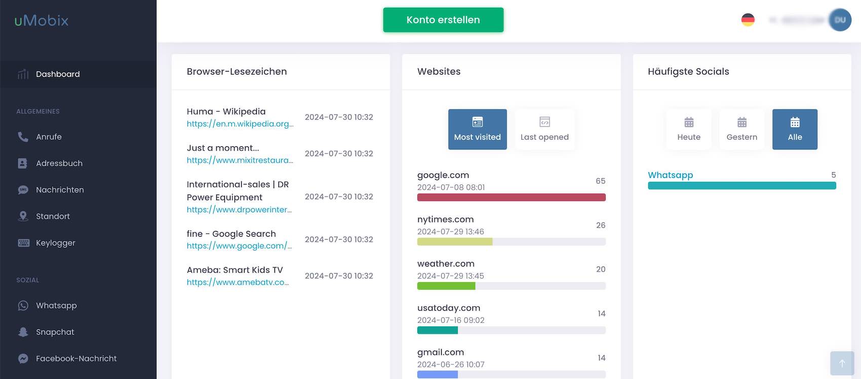uMobix App-Aktivitätsübersicht mit Nutzungszeiten pro Anwendung