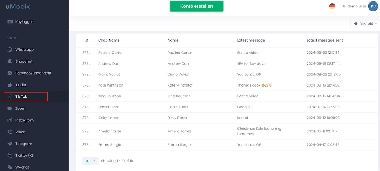 uMobix Dashboard mit TikTok-Aktivitäten des Zielgeräts