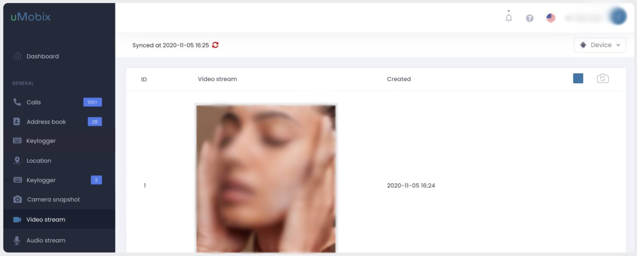 uMobix Media-Ansicht mit Fotos und Videos vom Zielgerät