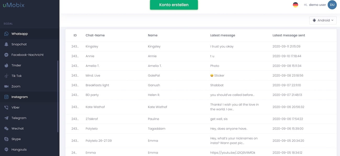 uMobix WhatsApp-Ansicht mit Chat-Historie