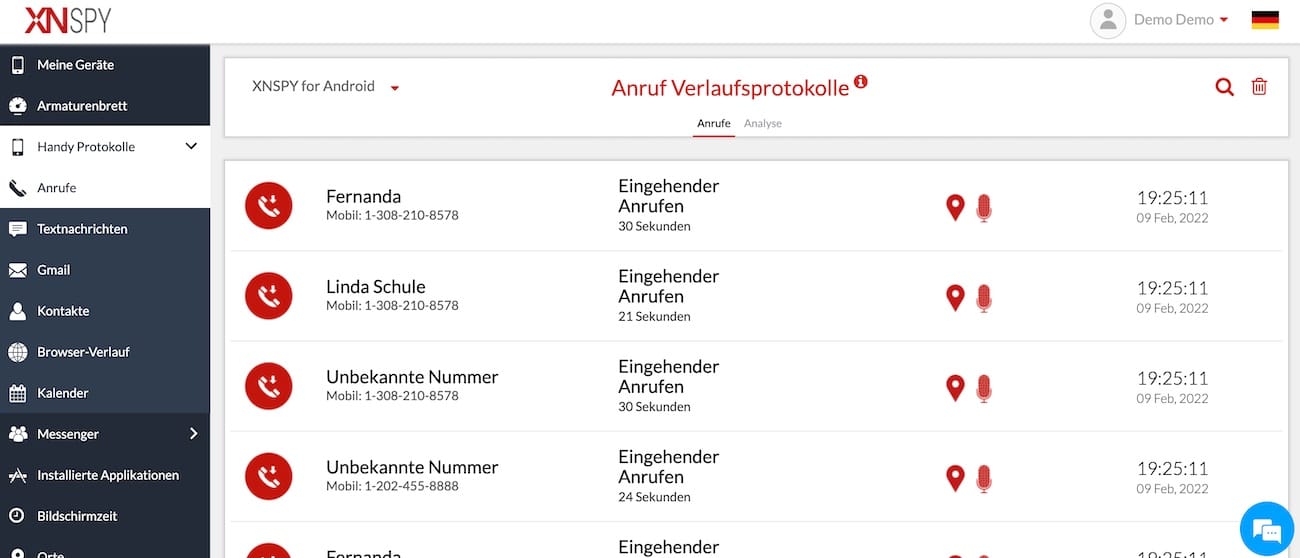 XNSPY Anrufprotokoll-Ansicht mit ein- und ausgehenden Gesprächen