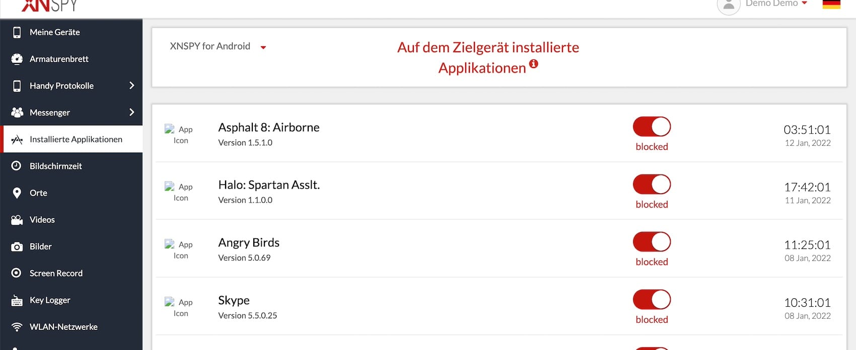 XNSPY App-Übersicht mit installierten Apps und Nutzungsdauer