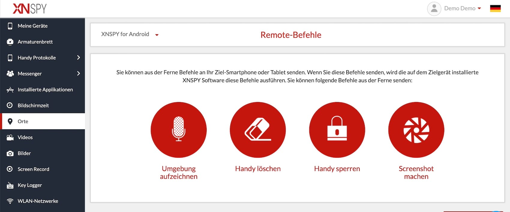 XNSPY Control Panel Dashboard mit Live-Aktivität, Grafiken und Schnellzugriffen